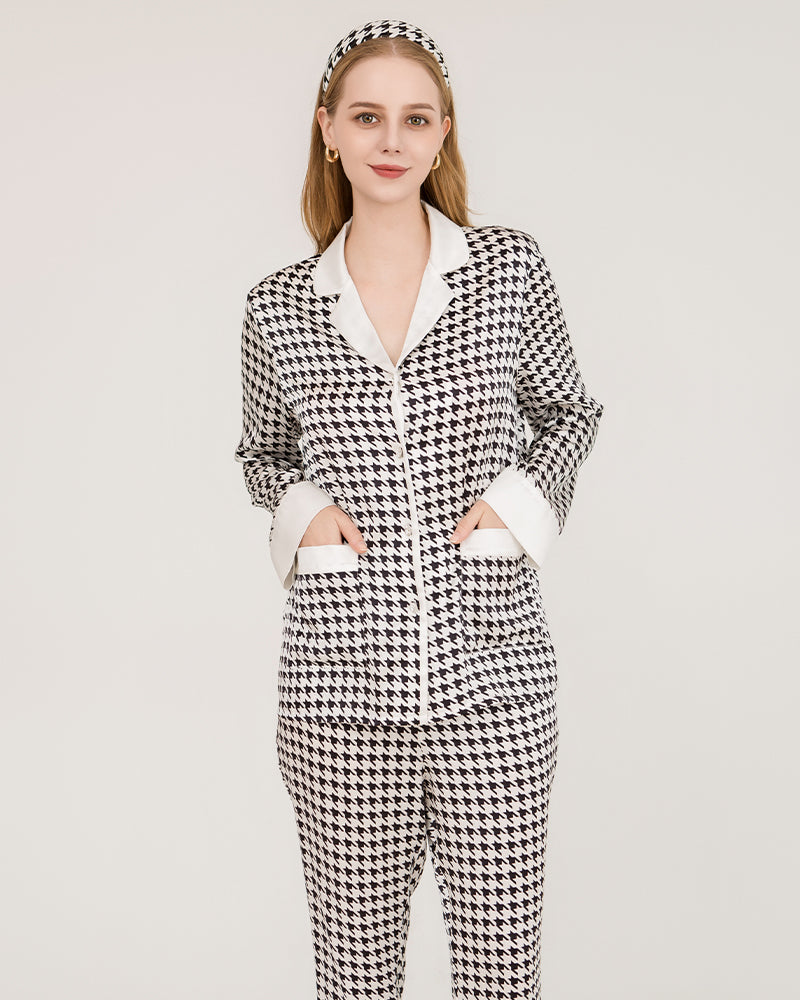 Houndstooth Silk Pajamas with Swarovski Buttons Black