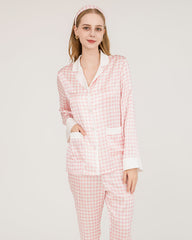 Houndstooth Silk Pajamas with Swarovski Buttons Pink