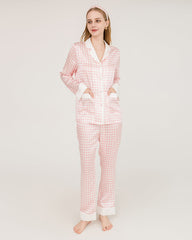 Houndstooth Silk Pajamas with Swarovski Buttons Pink