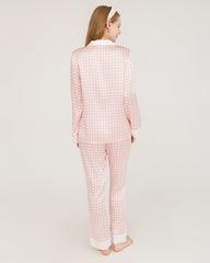 Houndstooth Silk Pajamas with Swarovski Buttons Pink