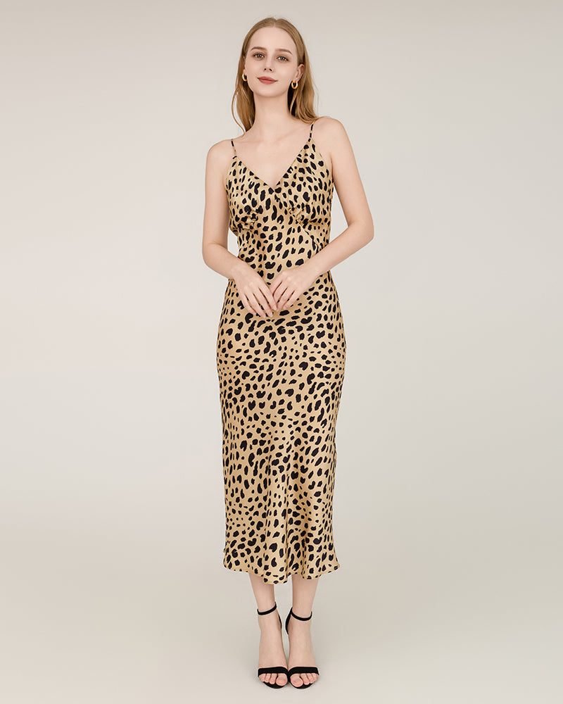 Leopard Print Maxi Silk Dresses Gold Leopard