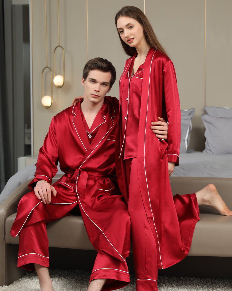 Long Silk Robes And Pajamas For Couple Burgundy