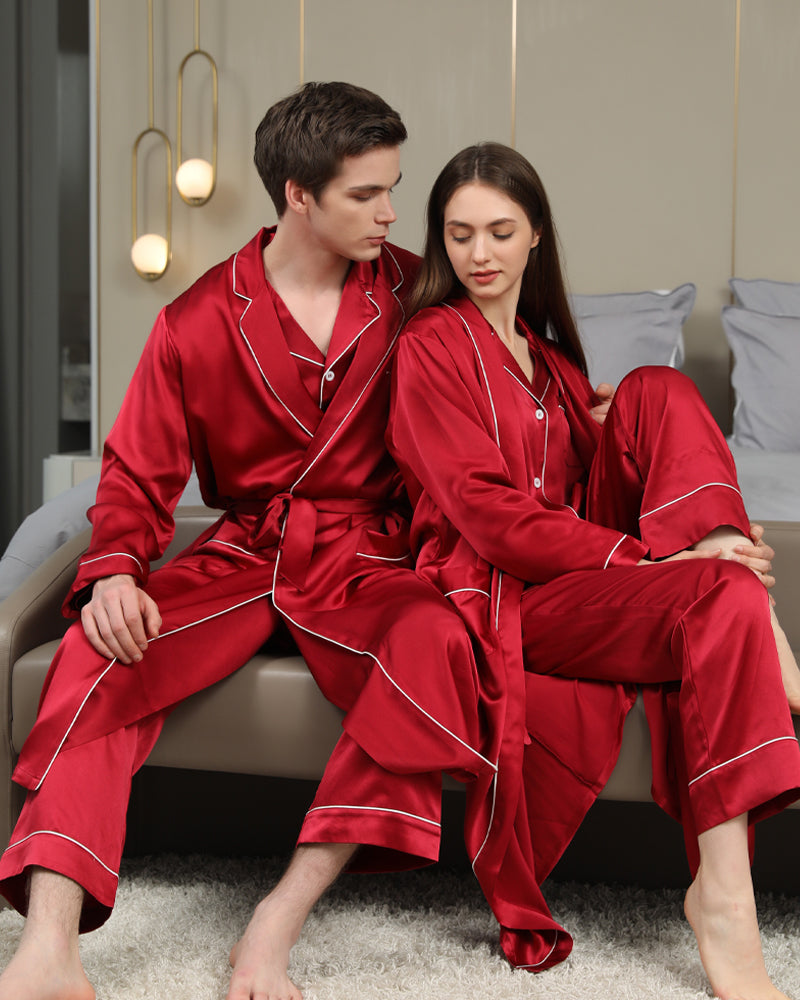 Long Silk Robes And Pajamas For Couple Burgundy