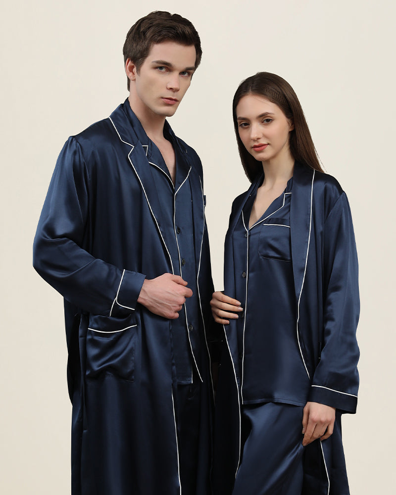 Long Silk Robes And Pajamas For Couple Navy