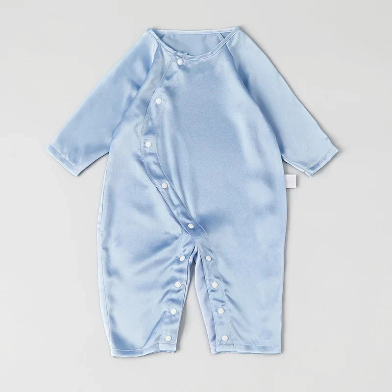 Long Sleeve Button Down Baby Silk Onesies Blue