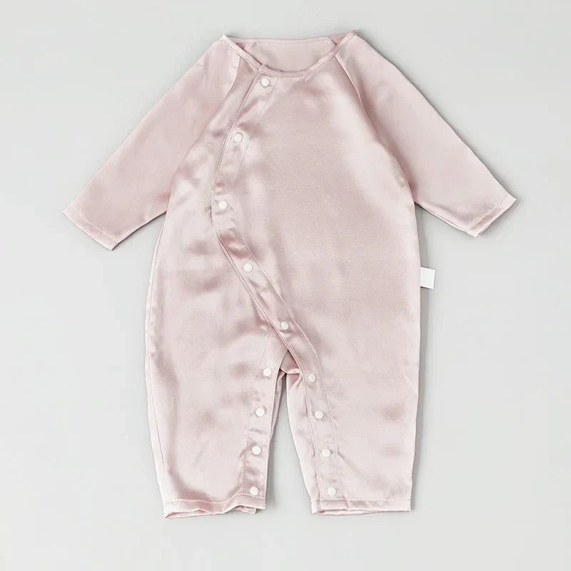 Long Sleeve Button Down Baby Silk Onesies Pink