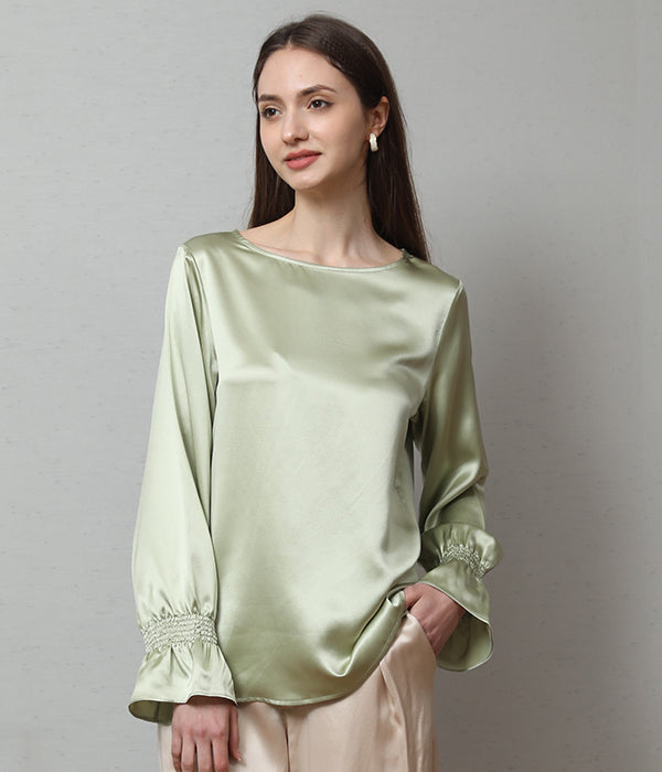 Long Sleeve Ruffle Cuffs Silk Blouse Avocado Green