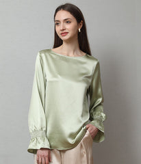 Long Sleeve Ruffle Cuffs Silk Blouse Avocado Green