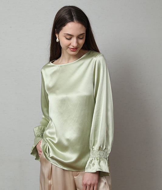Long Sleeve Ruffle Cuffs Silk Blouse Avocado Green