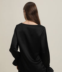 Long Sleeve Ruffle Cuffs Silk Blouse Black