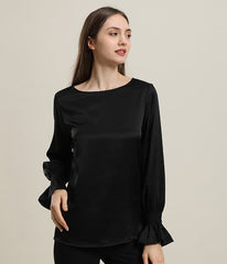 Long Sleeve Ruffle Cuffs Silk Blouse Black