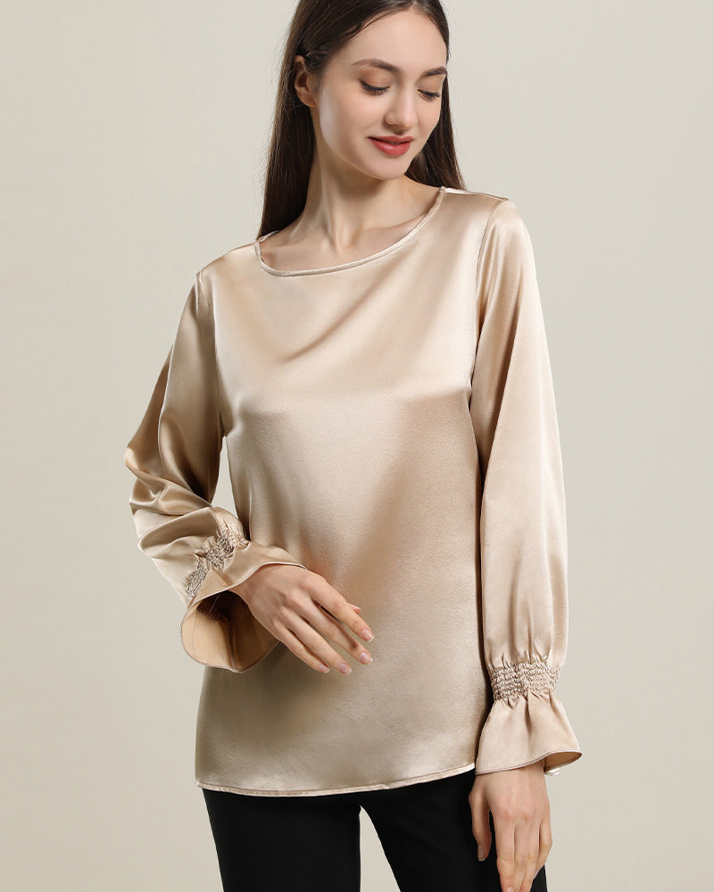Long Sleeve Ruffle Cuffs Silk Blouse Champagne