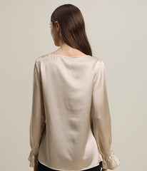 Long Sleeve Ruffle Cuffs Silk Blouse Champagne