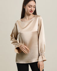 Long Sleeve Ruffle Cuffs Silk Blouse Champagne
