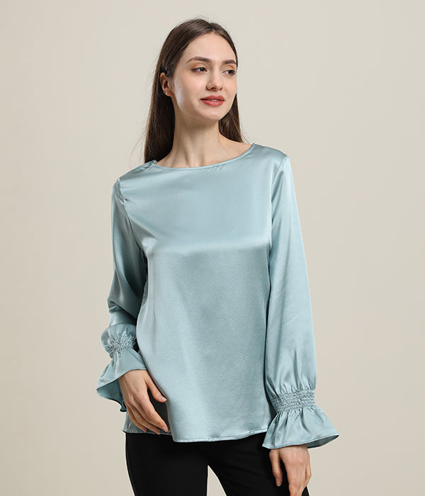 Long Sleeve Ruffle Cuffs Silk Blouse Haze Blue