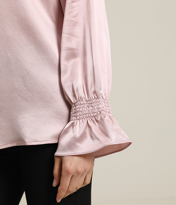 Long Sleeve Ruffle Cuffs Silk Blouse Pink