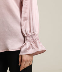 Long Sleeve Ruffle Cuffs Silk Blouse Pink