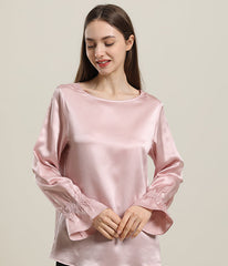 Long Sleeve Ruffle Cuffs Silk Blouse Pink