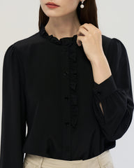 Long Sleeve Silk Blouse with Ruffle Trim