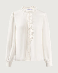 Long Sleeve Silk Blouse with Ruffle Trim