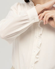 Long Sleeve Silk Blouse with Ruffle Trim