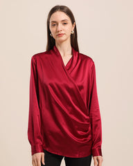 Long Sleeve V Neck Wrap Silk Shirt Burgundy