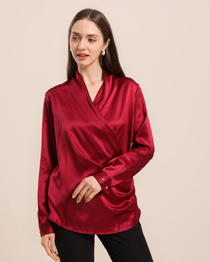 Long Sleeve V Neck Wrap Silk Shirt Burgundy