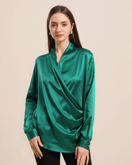 Long Sleeve V Neck Wrap Silk Shirt Dark Green