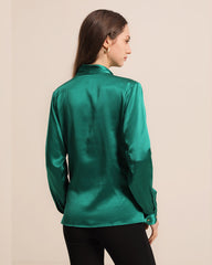 Long Sleeve V Neck Wrap Silk Shirt Dark Green