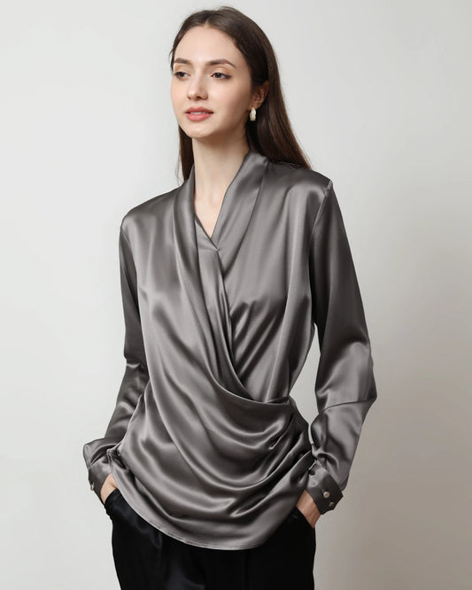 Long Sleeve V Neck Wrap Silk Shirt Dark Grey