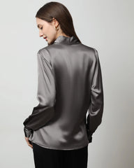 Long Sleeve V Neck Wrap Silk Shirt Dark Grey