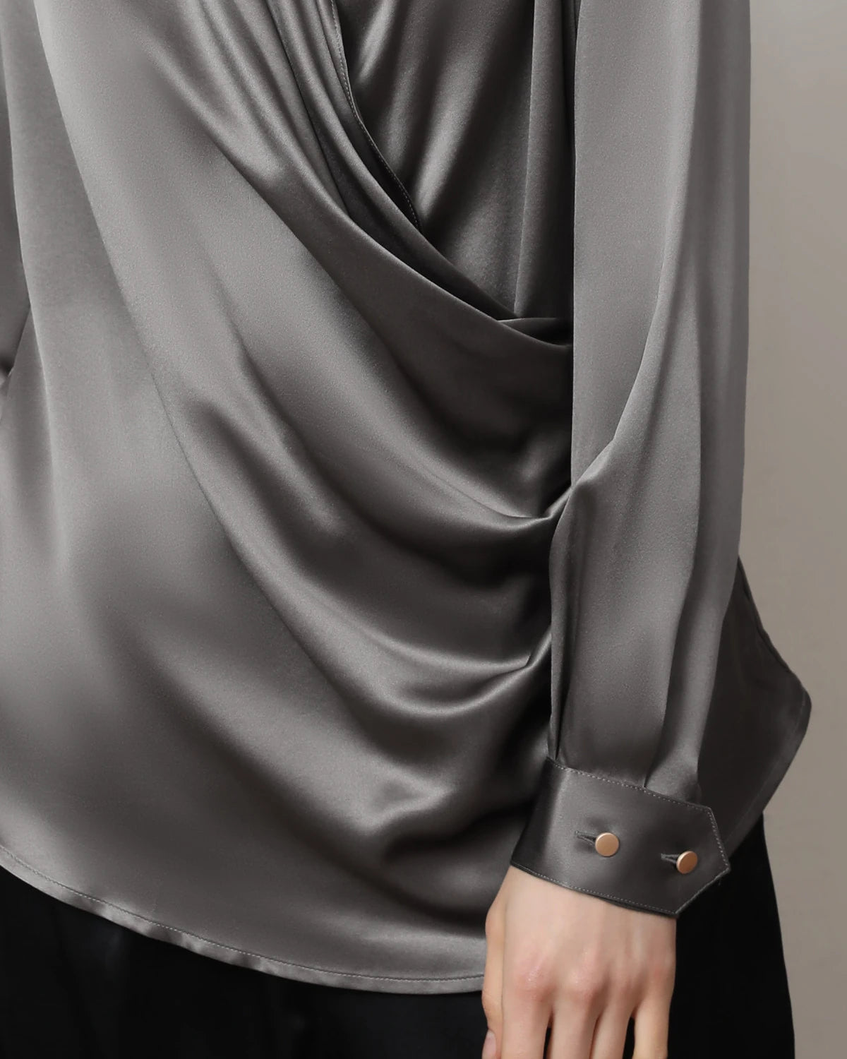 Long Sleeve V Neck Wrap Silk Shirt Dark Grey