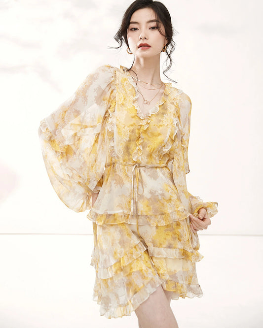 Long Sleeve Yellow Silk Mini Dress with Ruffles