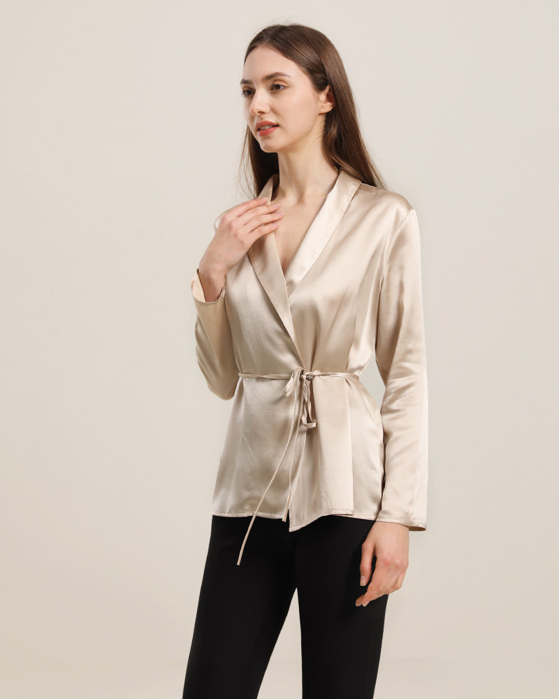 Long-Sleeved Silk Shirt With Belt Champagne
