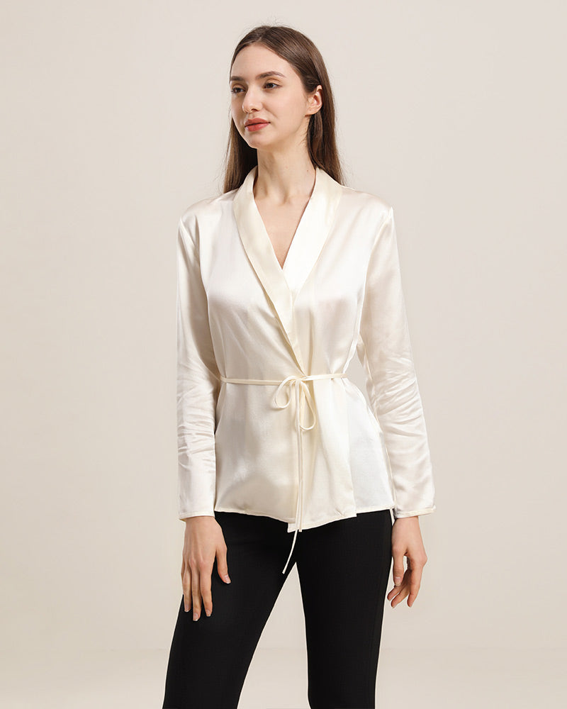 Long-Sleeved Silk Shirt With Belt Cream
