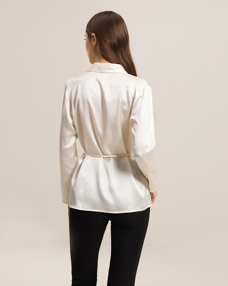 Long-Sleeved Silk Shirt With Belt Cream