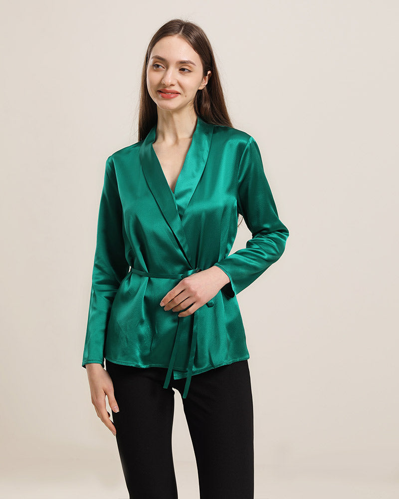 Long-Sleeved Silk Shirt With Belt Dark Green