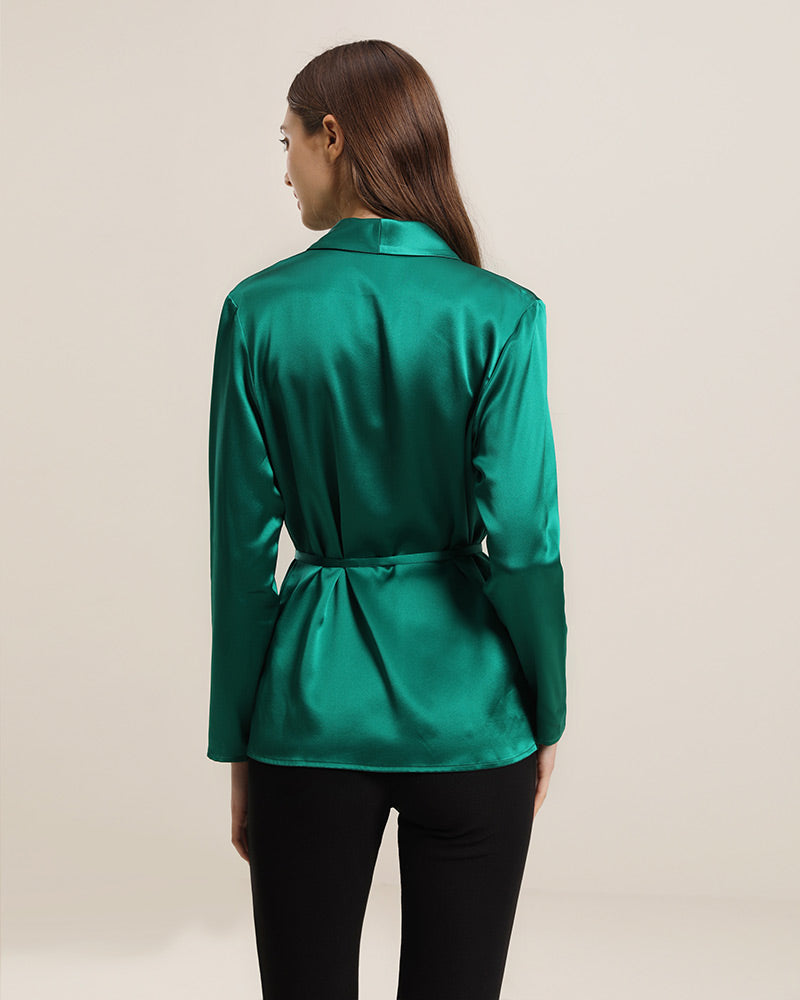 Long-Sleeved Silk Shirt With Belt Dark Green