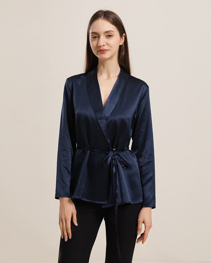 Long-Sleeved Silk Shirt With Belt Navy