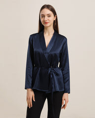 Long-Sleeved Silk Shirt With Belt Navy