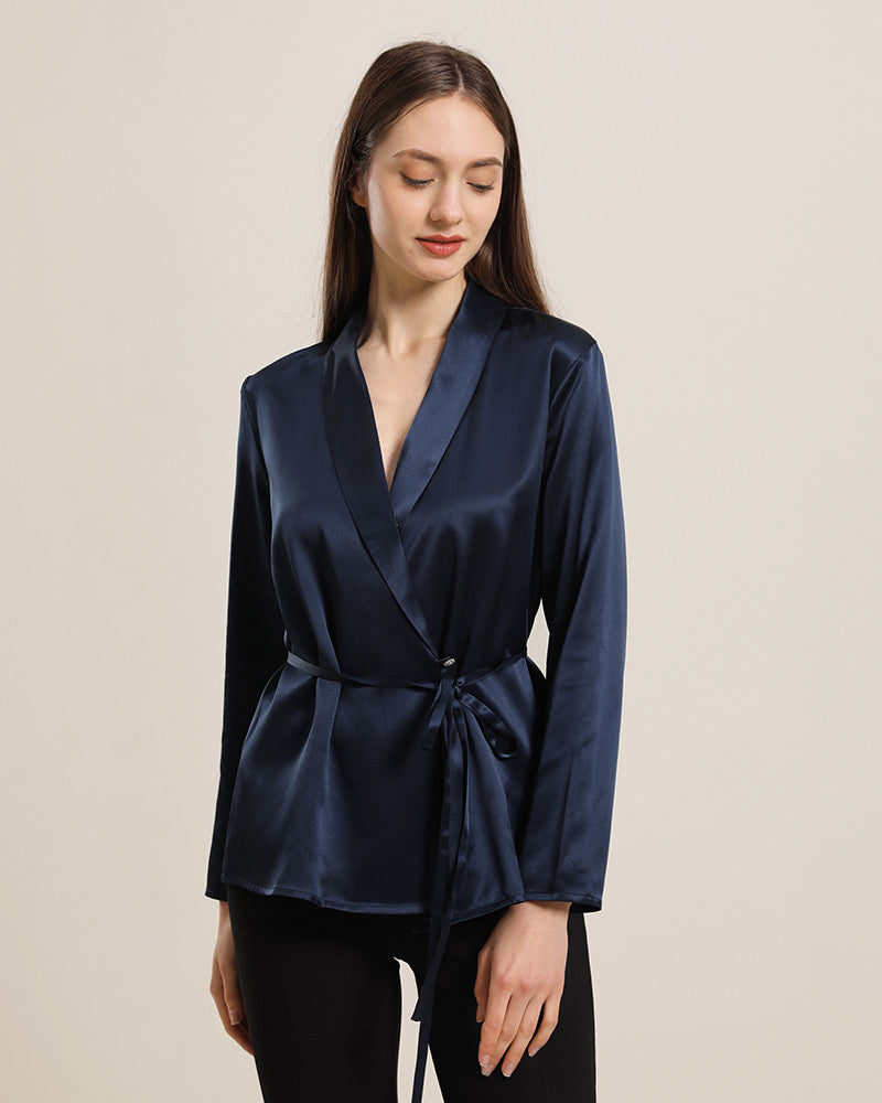 Long-Sleeved Silk Shirt With Belt Navy