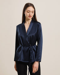 Long-Sleeved Silk Shirt With Belt Navy