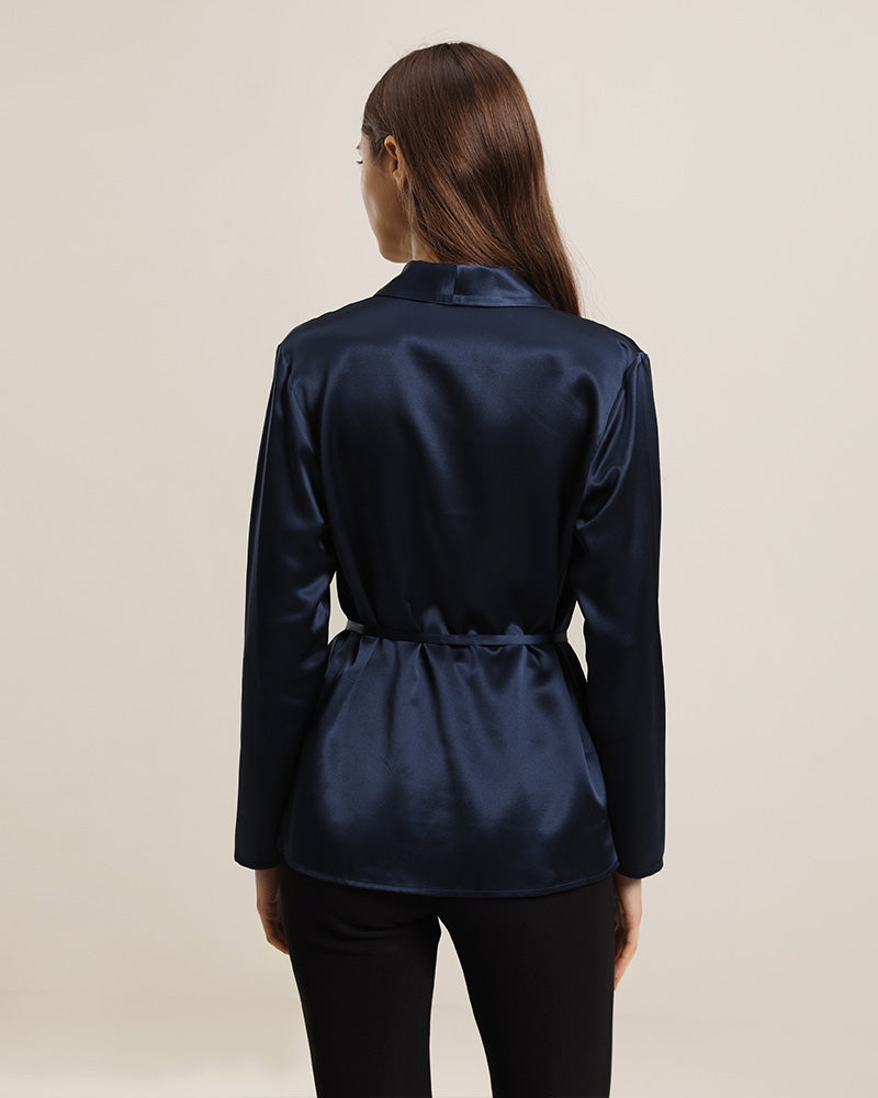 Long-Sleeved Silk Shirt With Belt Navy