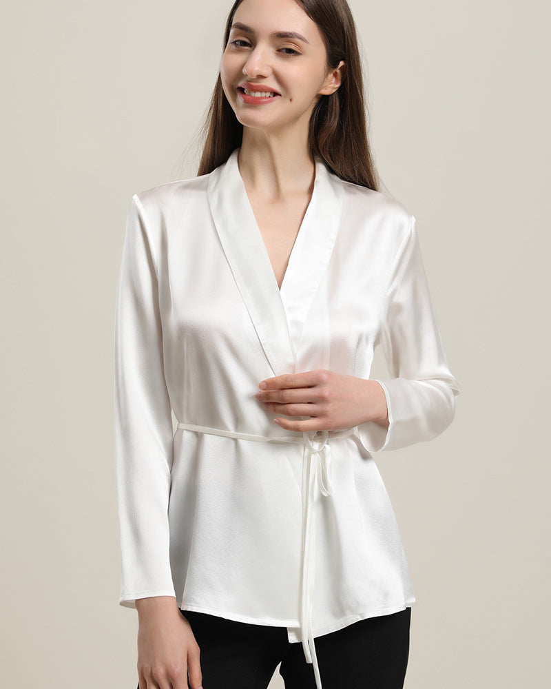 Long-Sleeved Silk Shirt With Belt White