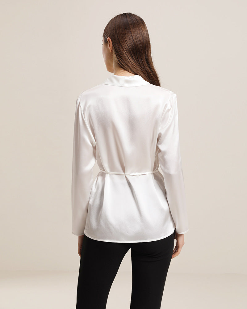 Long-Sleeved Silk Shirt With Belt White