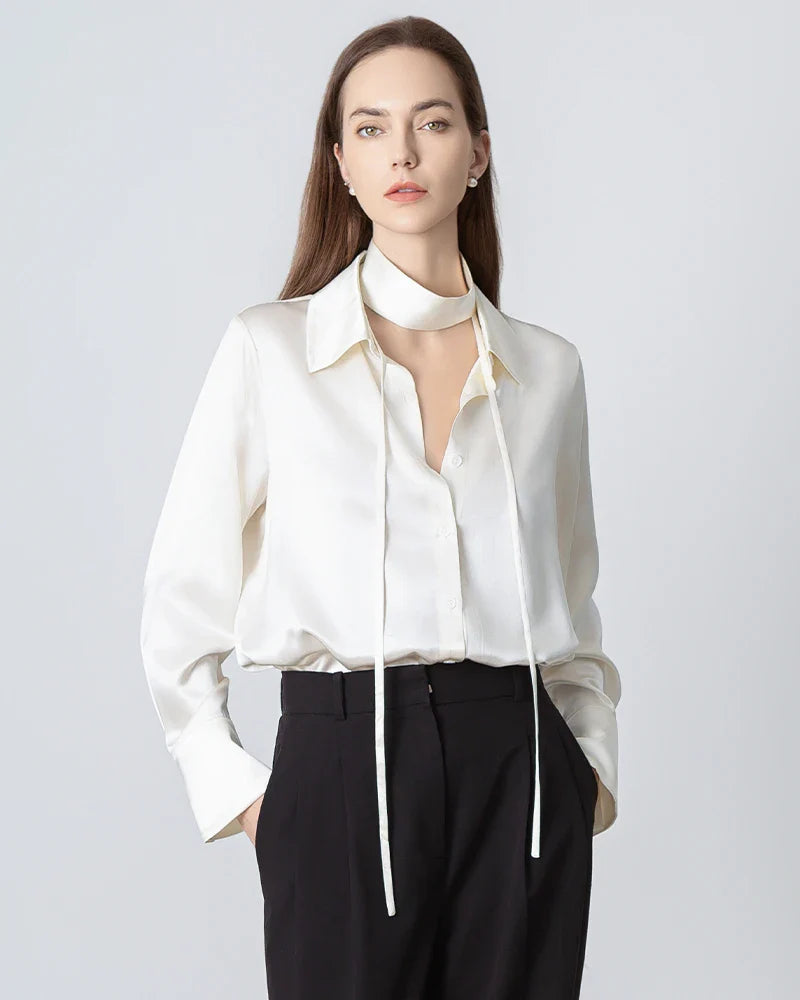 Long Sleeves Tie Neck Silk Shirt for Women Cream