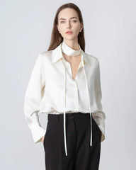 Long Sleeves Tie Neck Silk Shirt for Women Cream