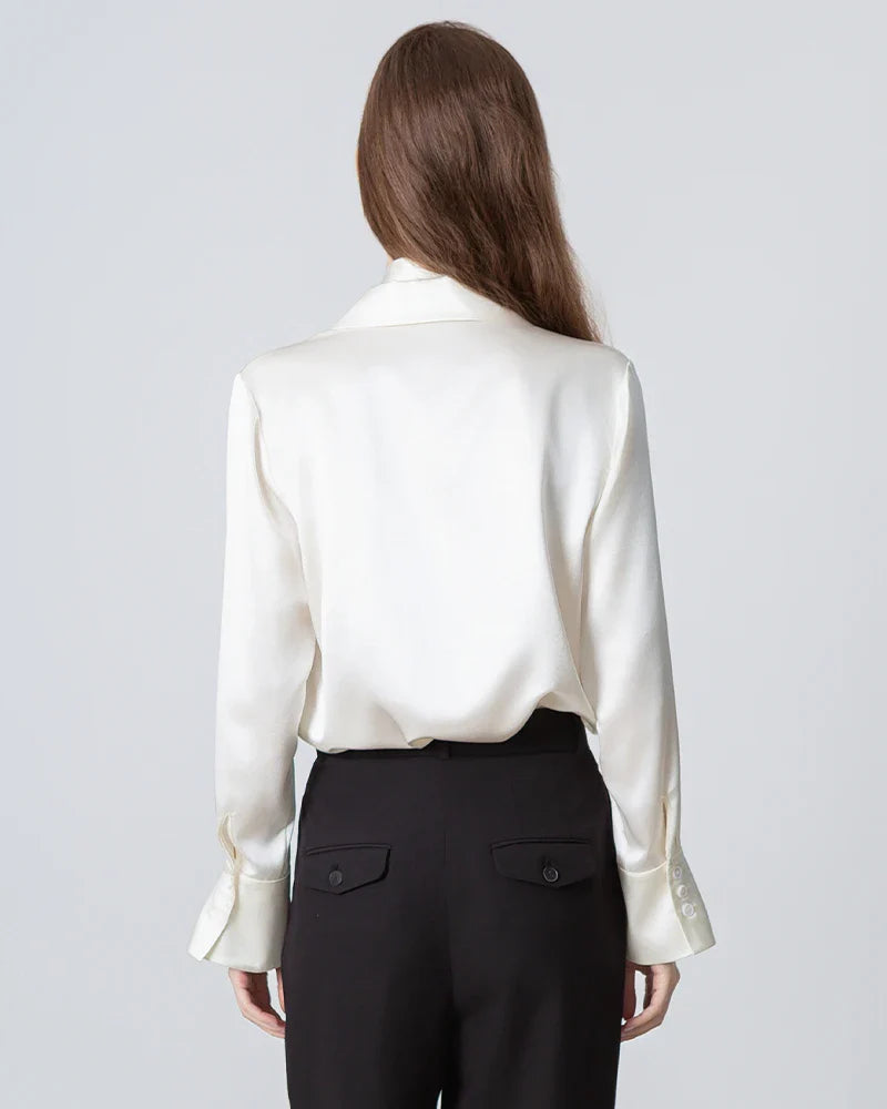 Long Sleeves Tie Neck Silk Shirt for Women Cream