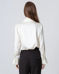 Long Sleeves Tie Neck Silk Shirt for Women Cream
