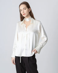 Long Sleeves Tie Neck Silk Shirt for Women Cream